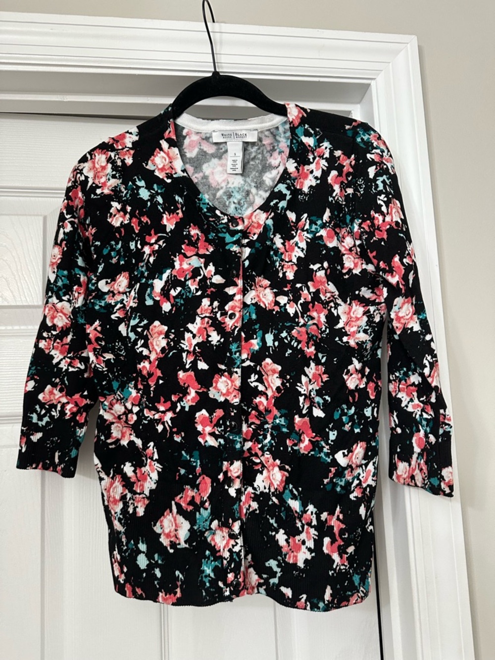 White House Black Market Black Cardigan with Pink and Teal Floral Print